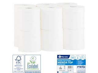 Pojemnik na papier toaletowy w listkach MERIDA HARMONY MINI za 50 zł netto przy zakupie 2 opakowań papieru MERIDA TOP CENTER PULL MINI PTB702 (24 x 100 m = 2 400 m, 12 000 listków)